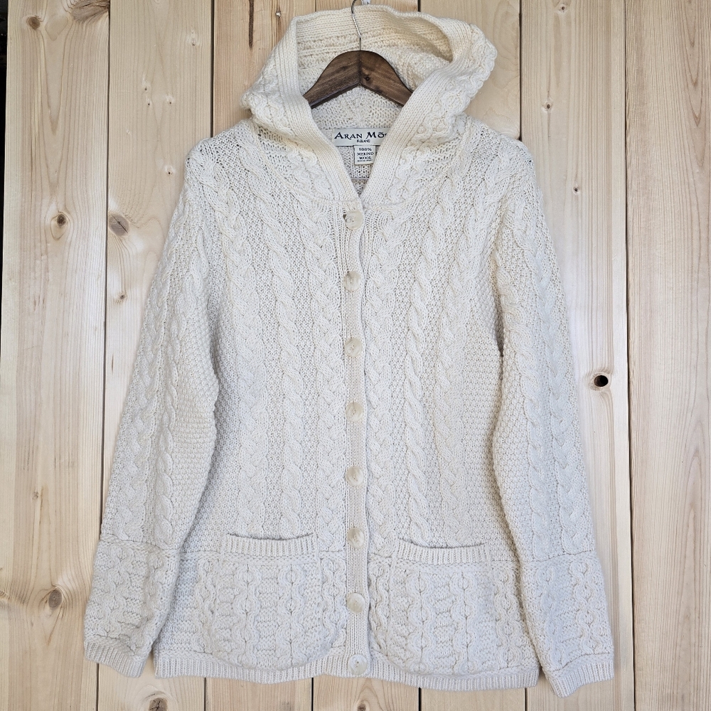 Aran Mor Ireland Cable Knit Cardigan Sweater Merino Wool Cream Womens Large